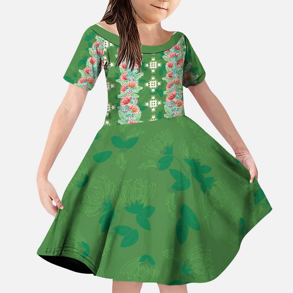 Hawaii Ohia Lehua Family Matching Off Shoulder Maxi Dress and Hawaiian Shirt Tropical Vibes Green LT05 Daughter's Dress Green - Polynesian Pride