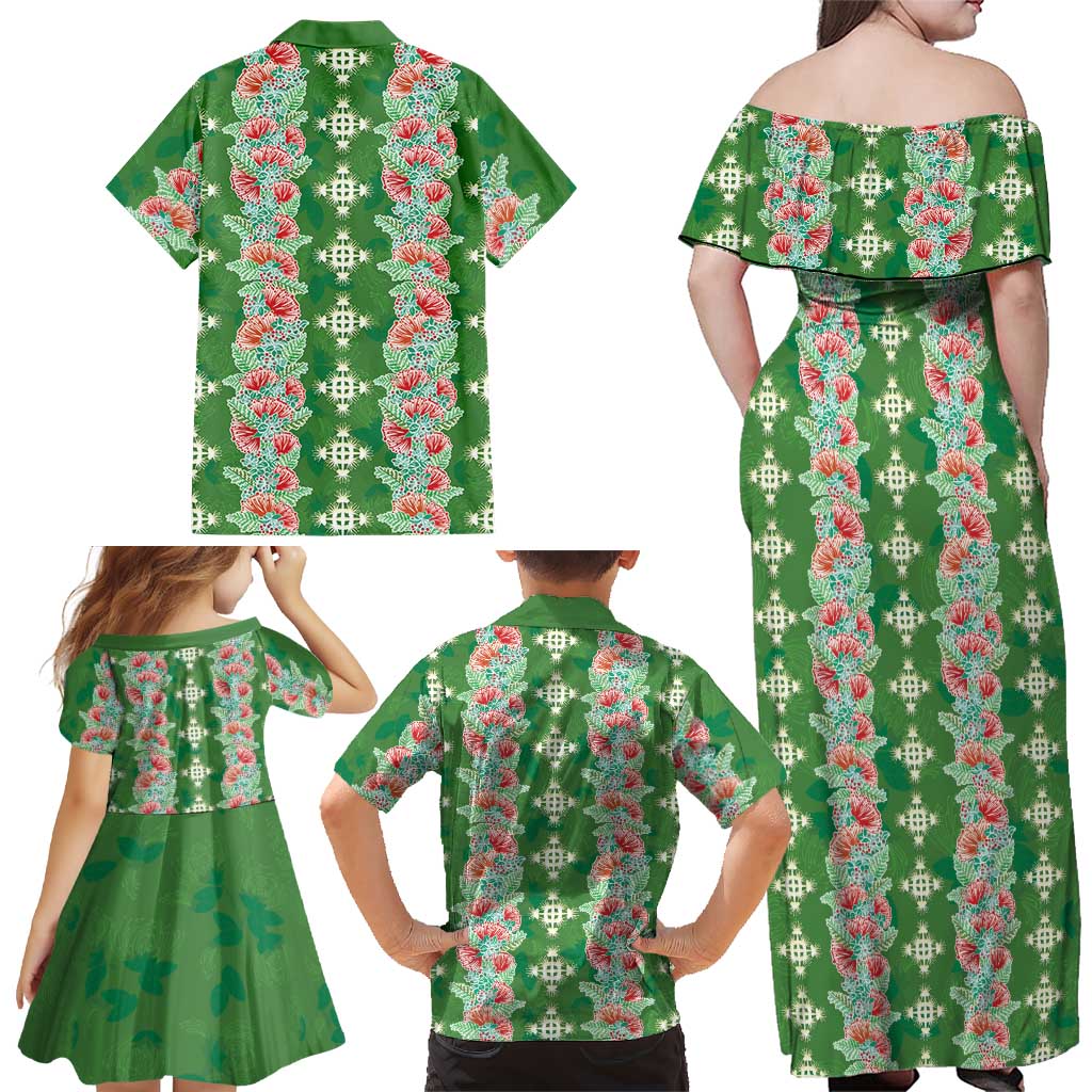 Hawaii Ohia Lehua Family Matching Off Shoulder Maxi Dress and Hawaiian Shirt Tropical Vibes Green LT05 - Polynesian Pride