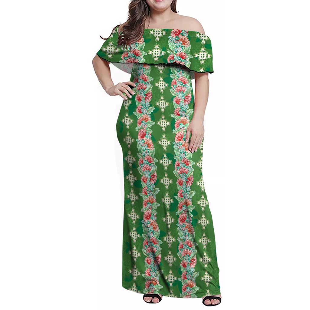 Hawaii Ohia Lehua Family Matching Off Shoulder Maxi Dress and Hawaiian Shirt Tropical Vibes Green LT05 Mom's Dress Green - Polynesian Pride