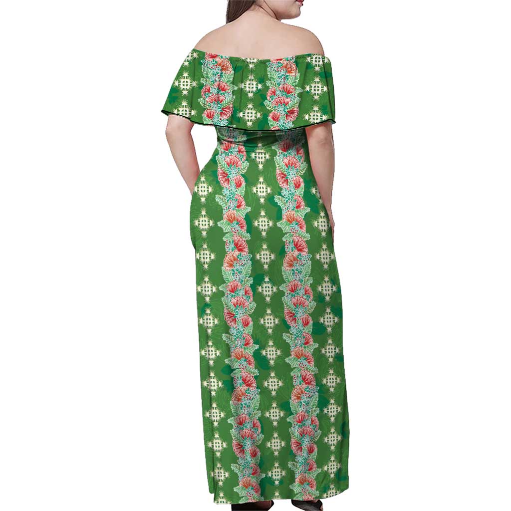 Hawaii Ohia Lehua Family Matching Off Shoulder Maxi Dress and Hawaiian Shirt Tropical Vibes Green LT05 - Polynesian Pride