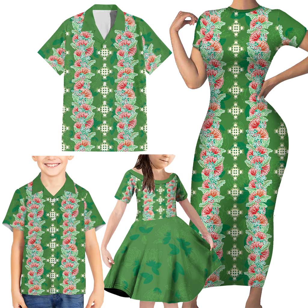 Hawaii Ohia Lehua Family Matching Short Sleeve Bodycon Dress and Hawaiian Shirt Tropical Vibes Green LT05 - Polynesian Pride