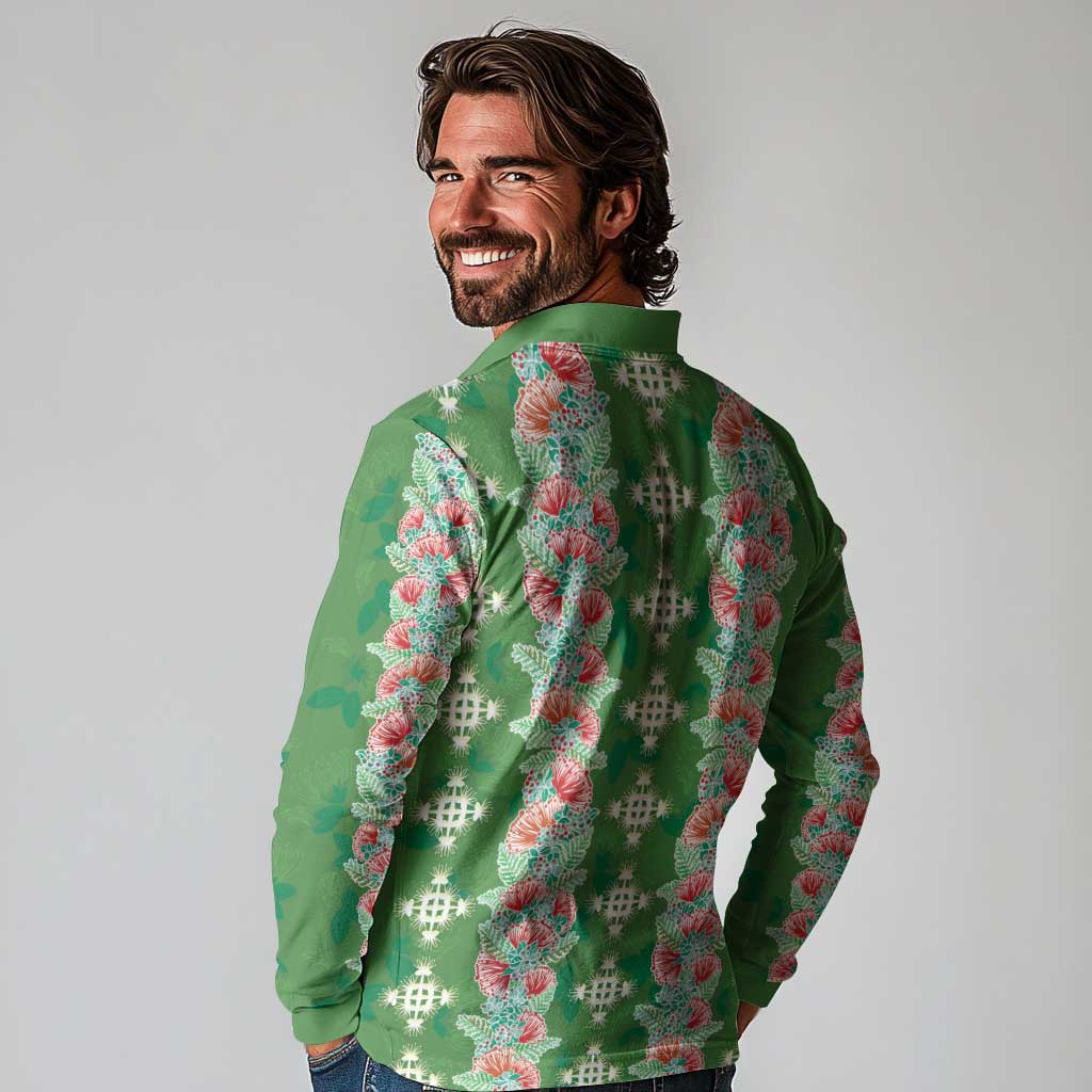 Hawaii Ohia Lehua Long Sleeve Polo Shirt Tropical Vibes Green