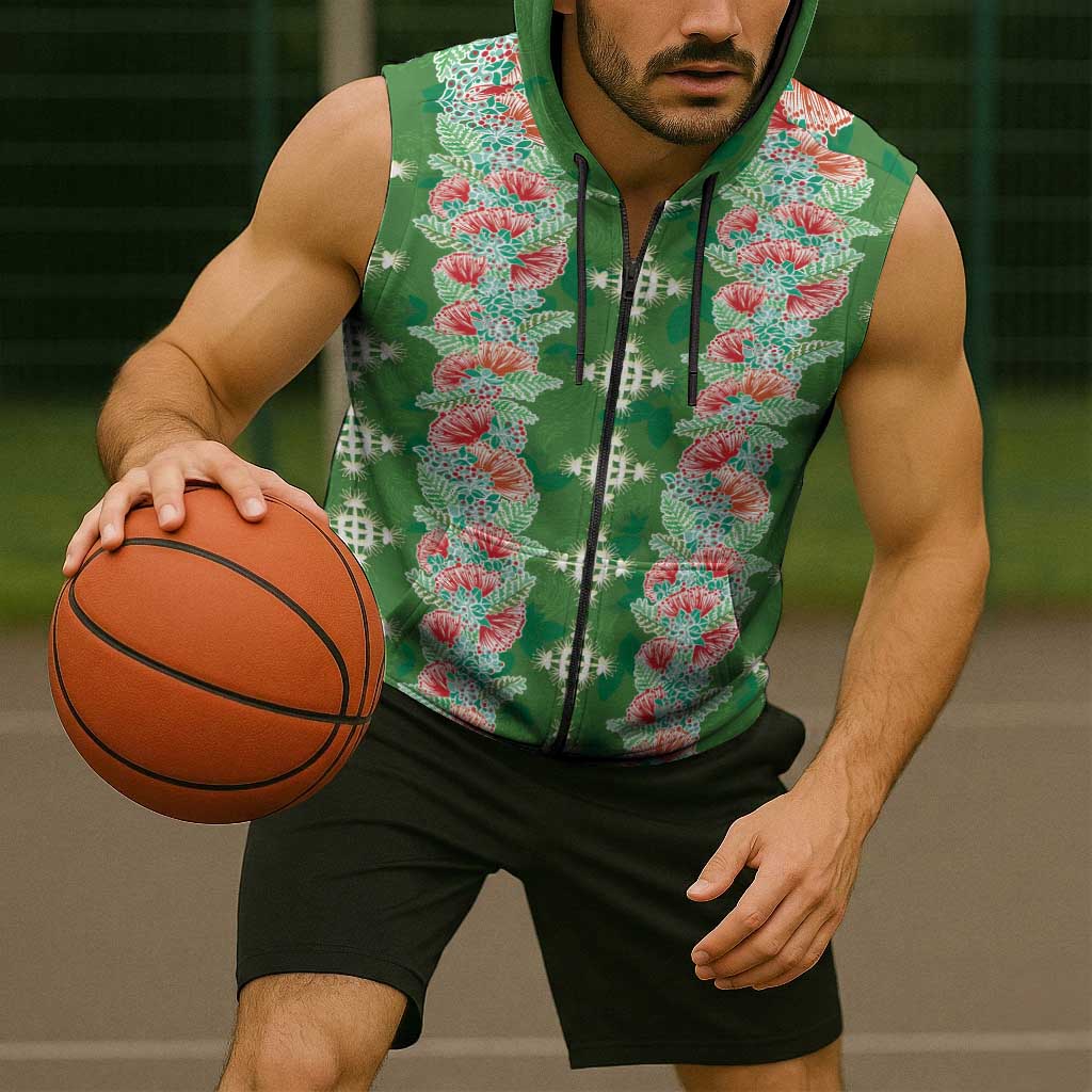 Hawaii Ohia Lehua Sleeveless Zip Hoodie Tropical Vibes Green