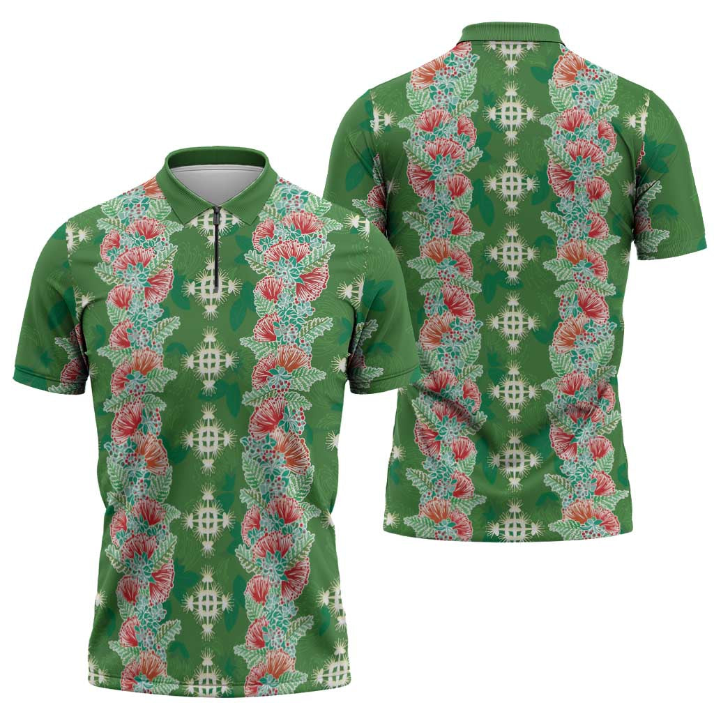 Hawaii Ohia Lehua Zipper Polo Shirt Tropical Vibes Green