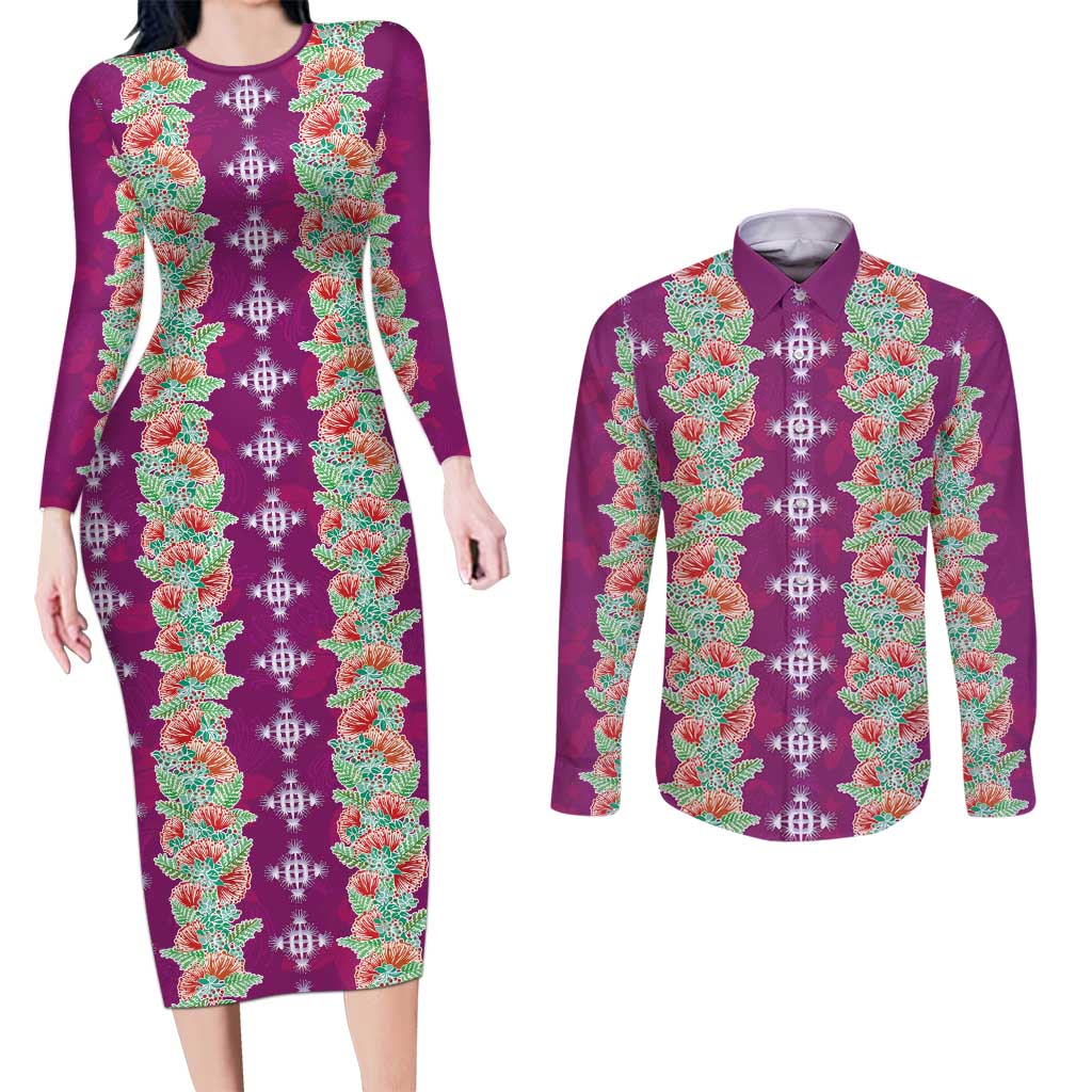 Hawaii Ohia Lehua Couples Matching Long Sleeve Bodycon Dress and Long Sleeve Button Shirt Tropical Vibes Fuchsia