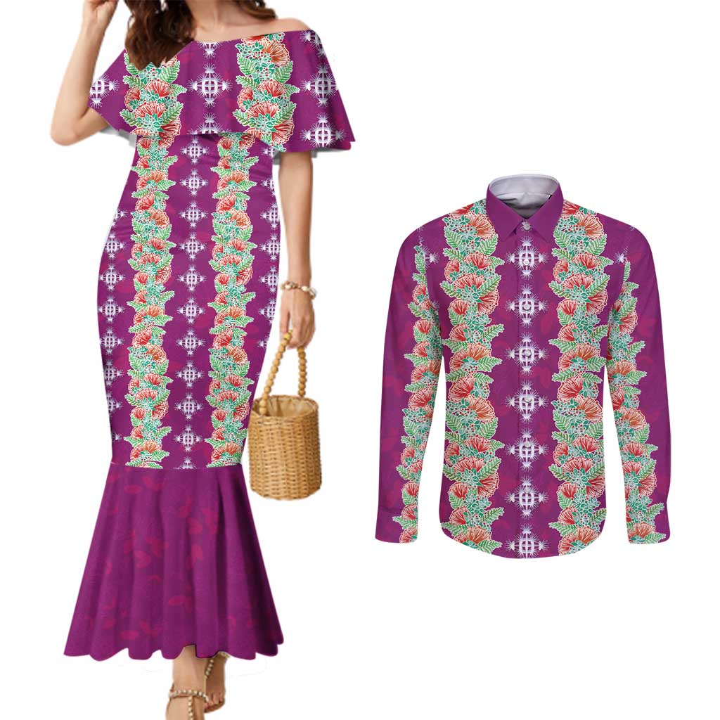 Hawaii Ohia Lehua Couples Matching Mermaid Dress and Long Sleeve Button Shirt Tropical Vibes Fuchsia LT05 Fuchsia - Polynesian Pride