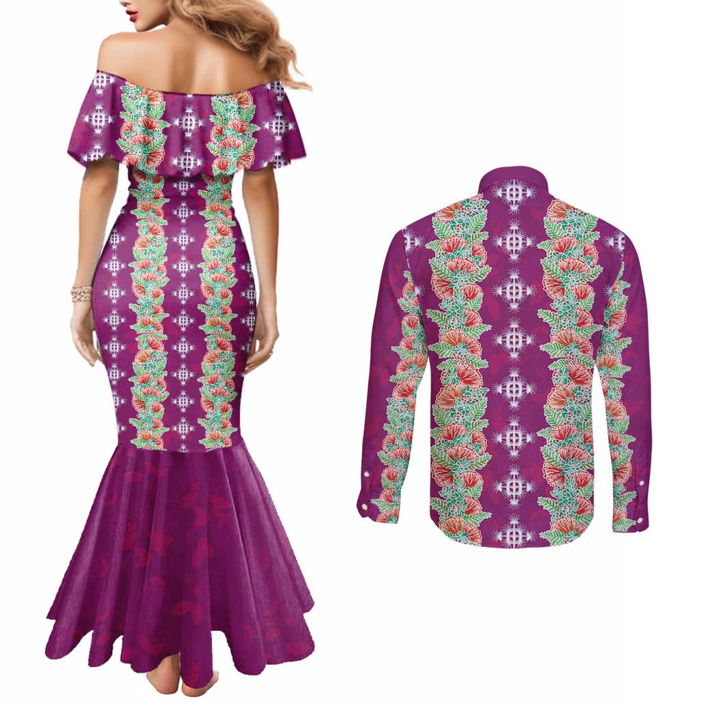 Hawaii Ohia Lehua Couples Matching Mermaid Dress and Long Sleeve Button Shirt Tropical Vibes Fuchsia LT05 - Polynesian Pride