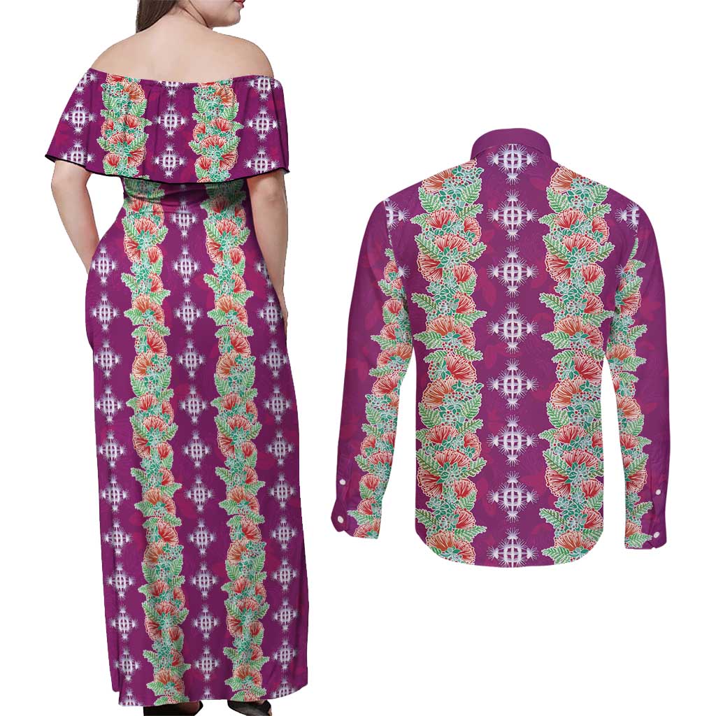Hawaii Ohia Lehua Couples Matching Off Shoulder Maxi Dress and Long Sleeve Button Shirt Tropical Vibes Fuchsia