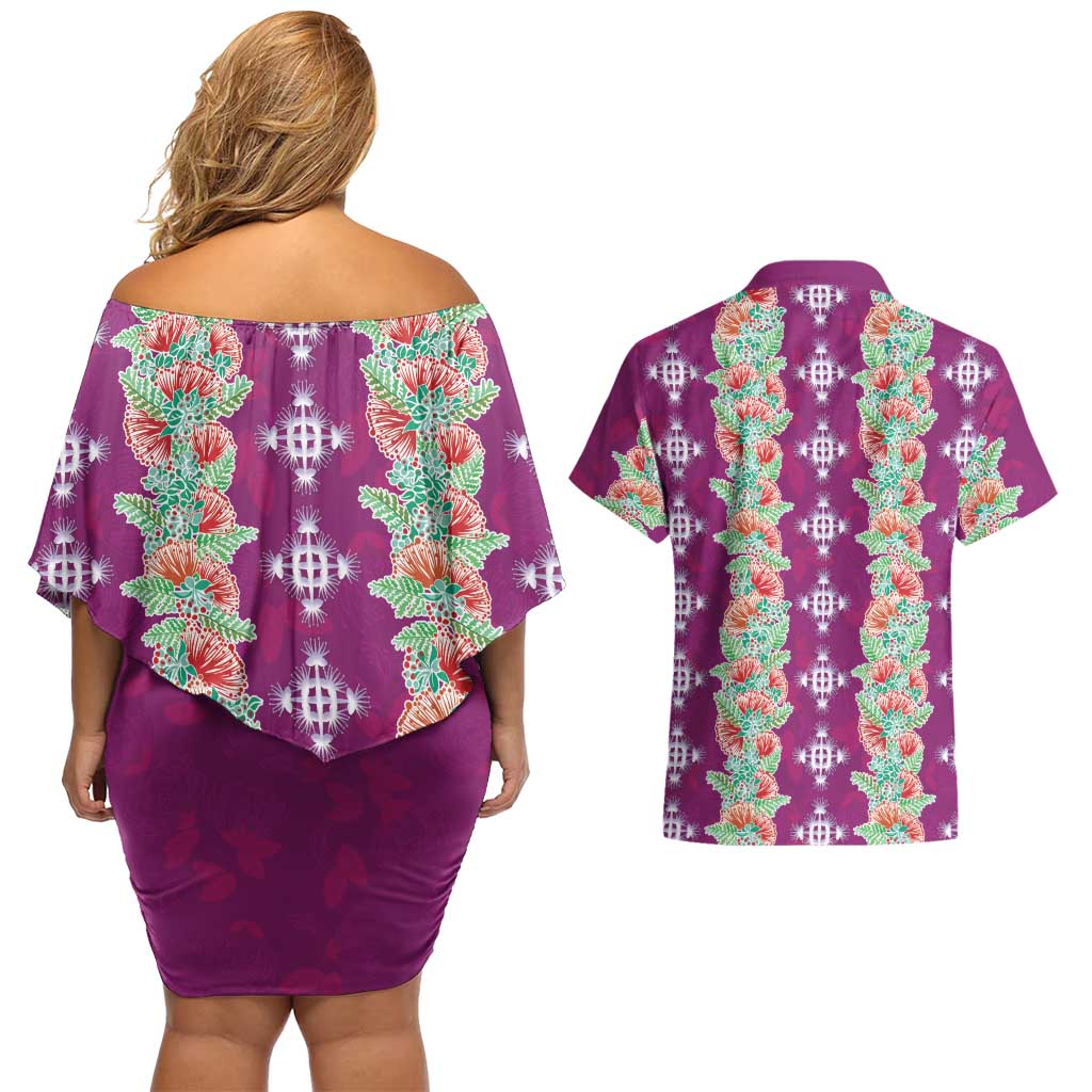 Hawaii Ohia Lehua Couples Matching Off Shoulder Short Dress and Hawaiian Shirt Tropical Vibes Fuchsia