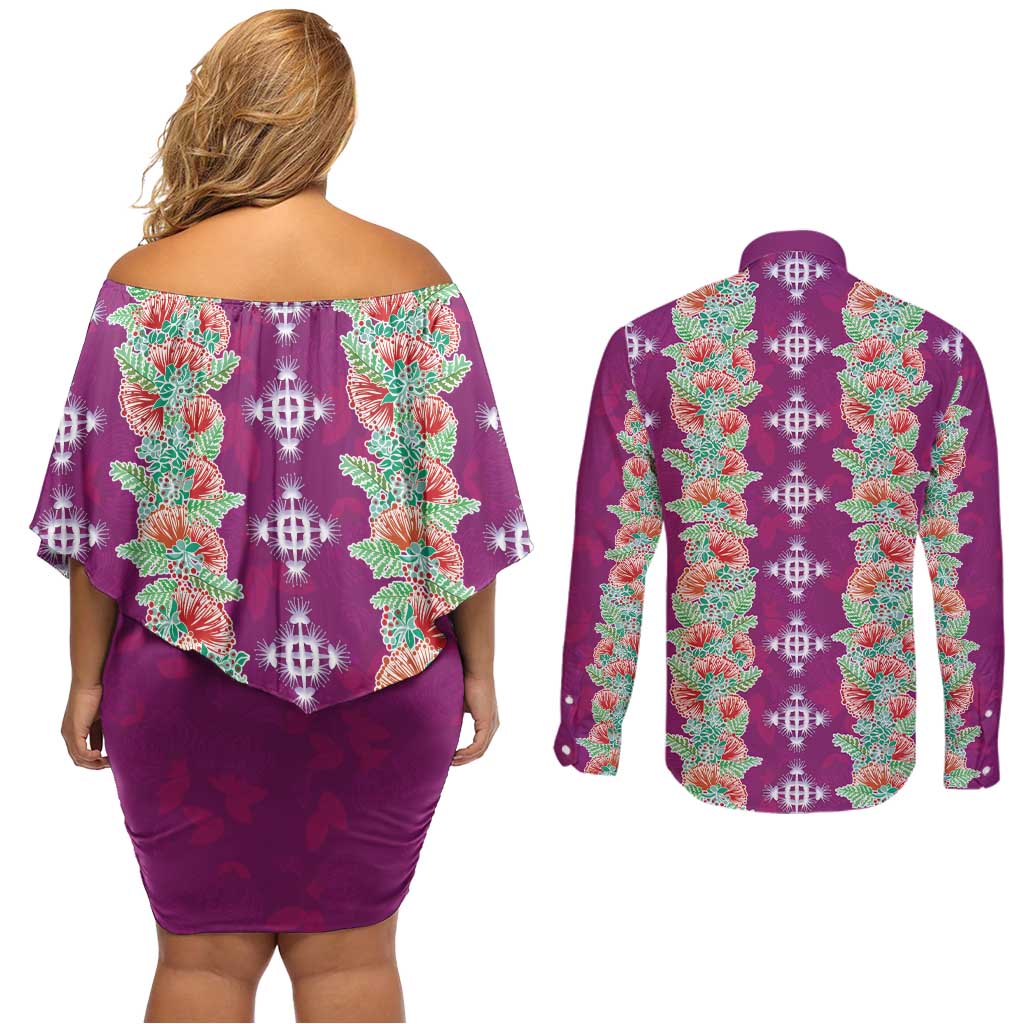 Hawaii Ohia Lehua Couples Matching Off Shoulder Short Dress and Long Sleeve Button Shirt Tropical Vibes Fuchsia