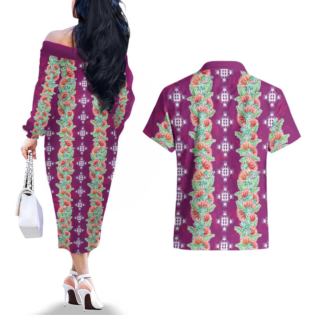 Hawaii Ohia Lehua Couples Matching Off The Shoulder Long Sleeve Dress and Hawaiian Shirt Tropical Vibes Fuchsia LT05 - Polynesian Pride