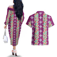 Hawaii Ohia Lehua Couples Matching Off The Shoulder Long Sleeve Dress and Hawaiian Shirt Tropical Vibes Fuchsia LT05 - Polynesian Pride