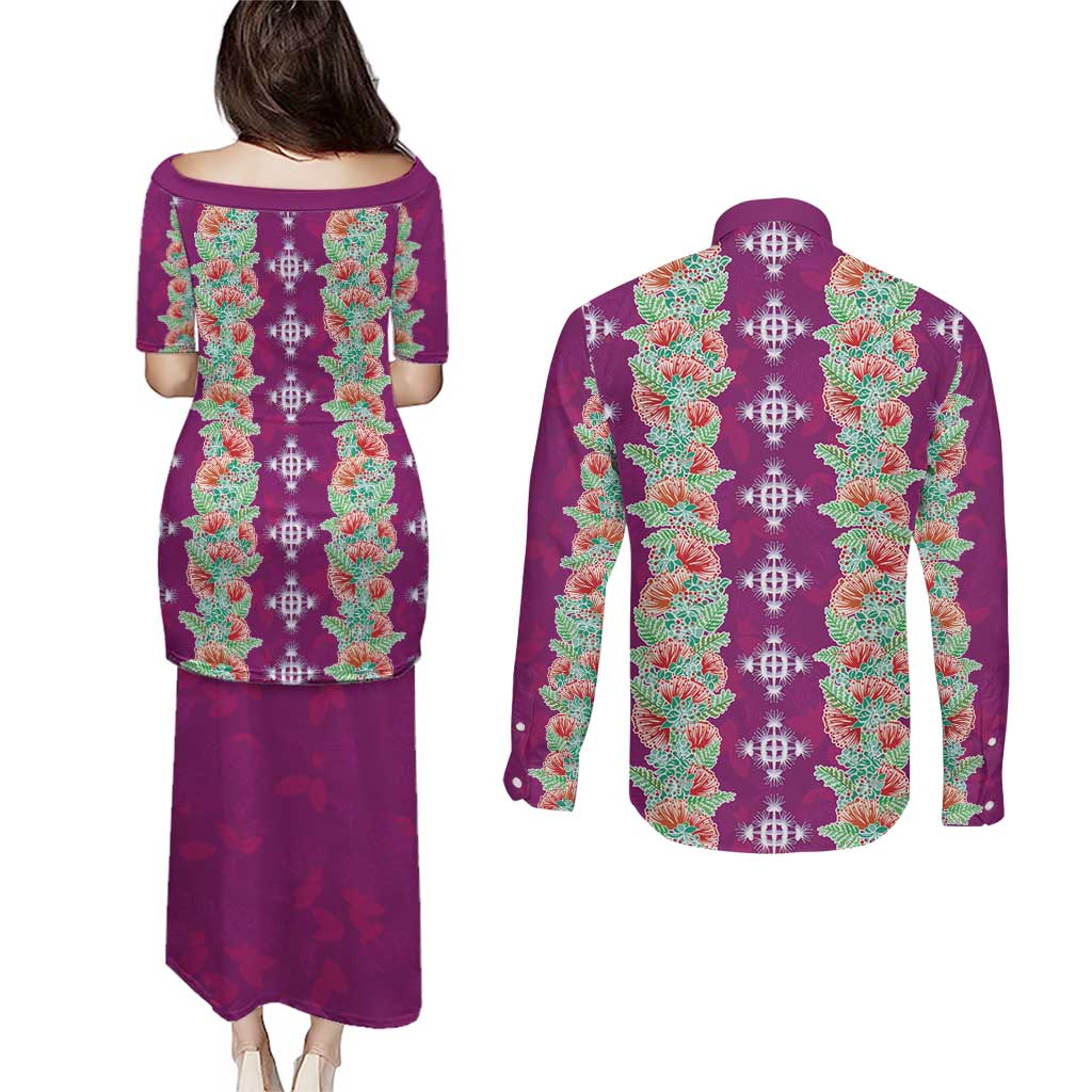 Hawaii Ohia Lehua Couples Matching Puletasi and Long Sleeve Button Shirt Tropical Vibes Fuchsia