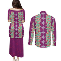 Hawaii Ohia Lehua Couples Matching Puletasi and Long Sleeve Button Shirt Tropical Vibes Fuchsia