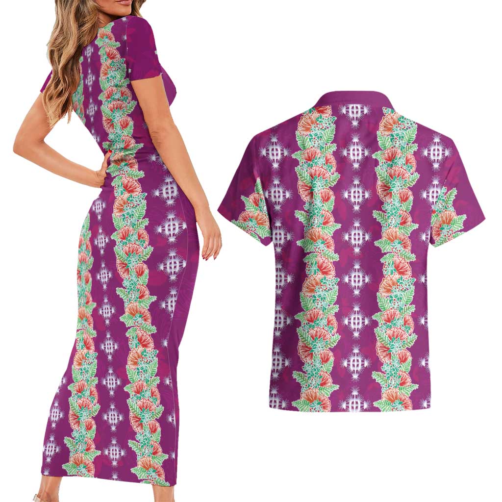 Hawaii Ohia Lehua Couples Matching Short Sleeve Bodycon Dress and Hawaiian Shirt Tropical Vibes Fuchsia LT05 - Polynesian Pride