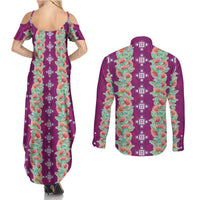Hawaii Ohia Lehua Couples Matching Summer Maxi Dress and Long Sleeve Button Shirt Tropical Vibes Fuchsia