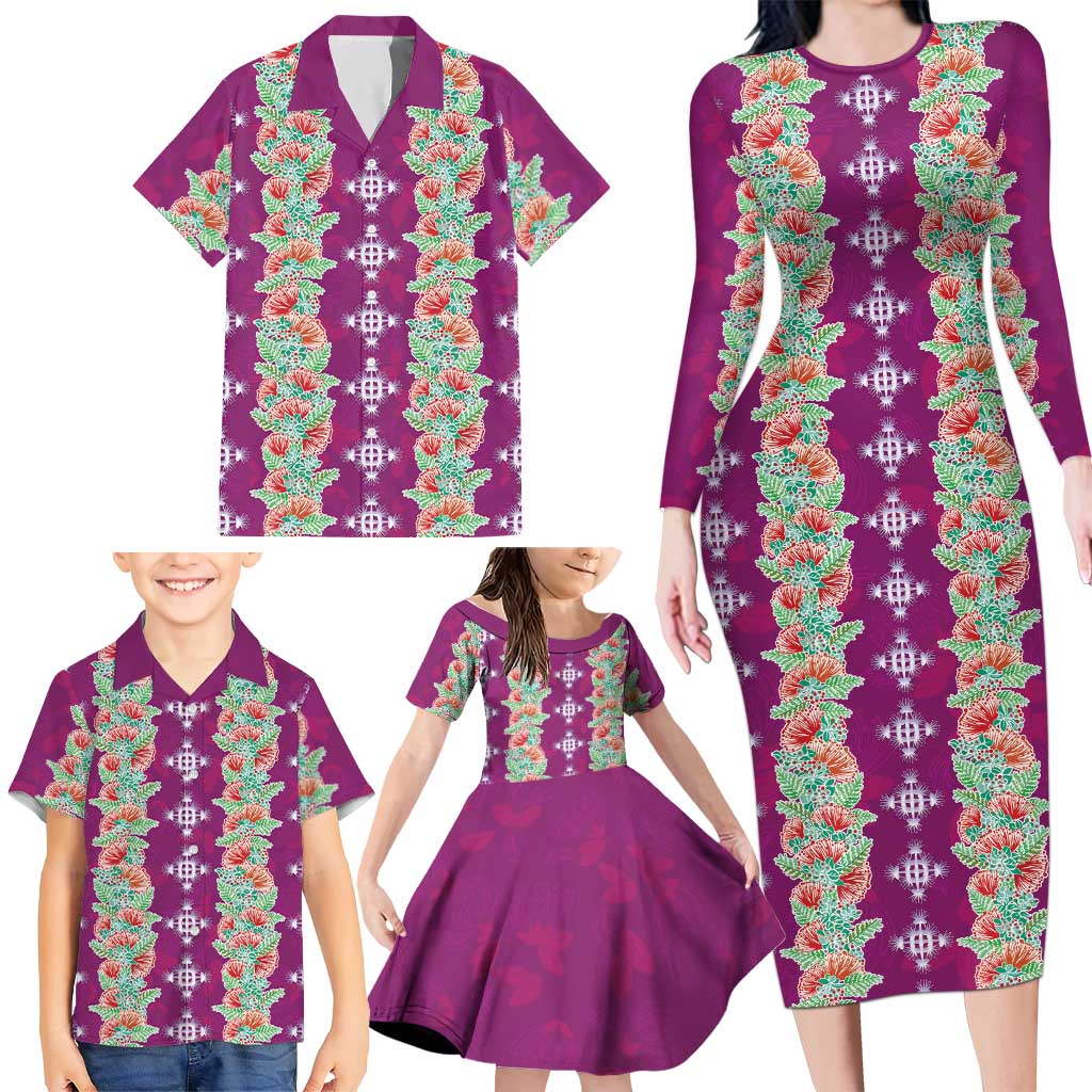Hawaii Ohia Lehua Family Matching Long Sleeve Bodycon Dress and Hawaiian Shirt Tropical Vibes Fuchsia LT05 - Polynesian Pride