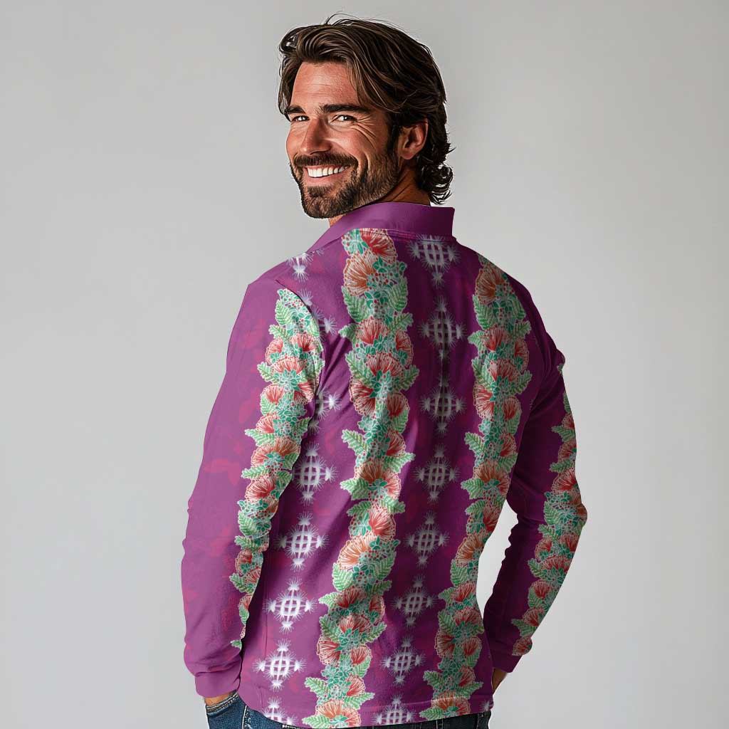 Hawaii Ohia Lehua Long Sleeve Polo Shirt Tropical Vibes Fuchsia