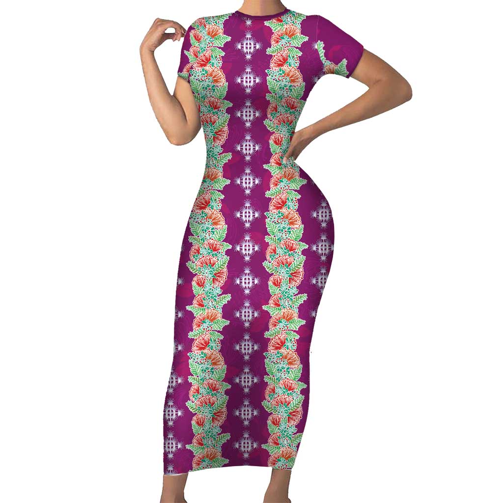 Hawaii Ohia Lehua Short Sleeve Bodycon Dress Tropical Vibes Fuchsia