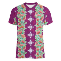 Hawaii Ohia Lehua Women V-Neck T-Shirt Tropical Vibes Fuchsia