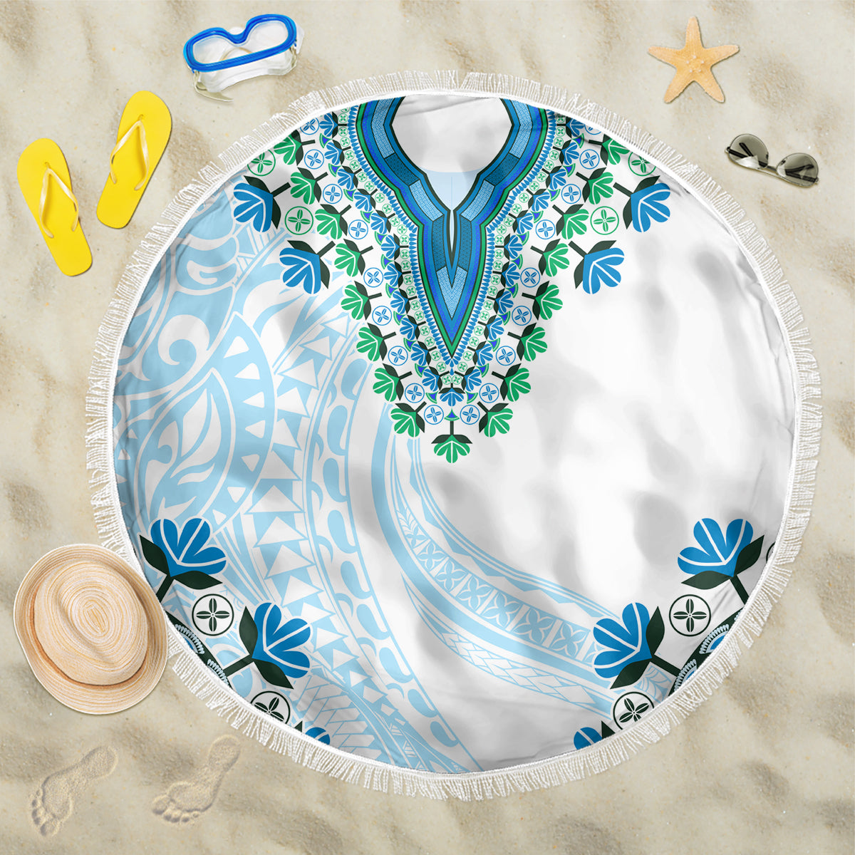 Africa Dashiki Beach Blanket With Polynesian Pattern Blue Version