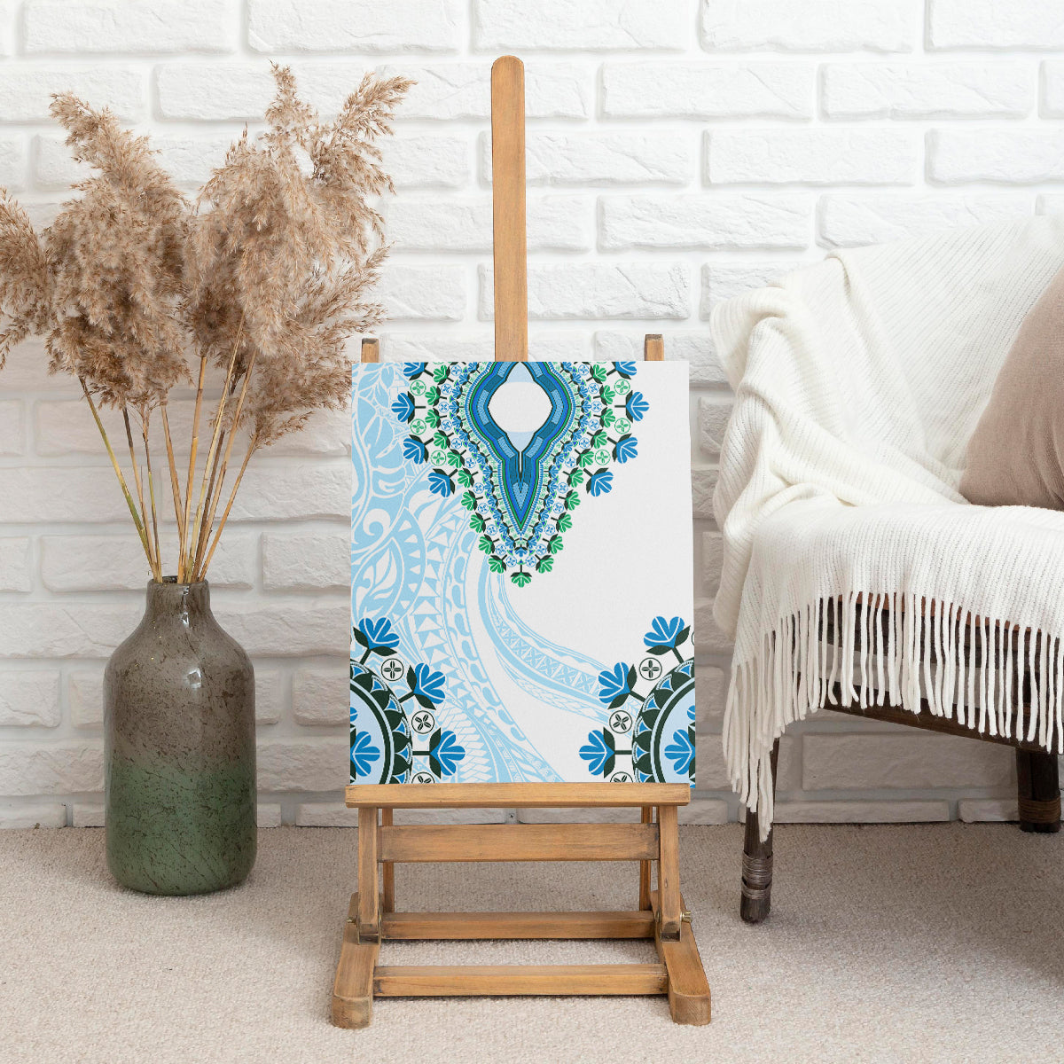 Africa Dashiki Canvas Wall Art With Polynesian Pattern Blue Version