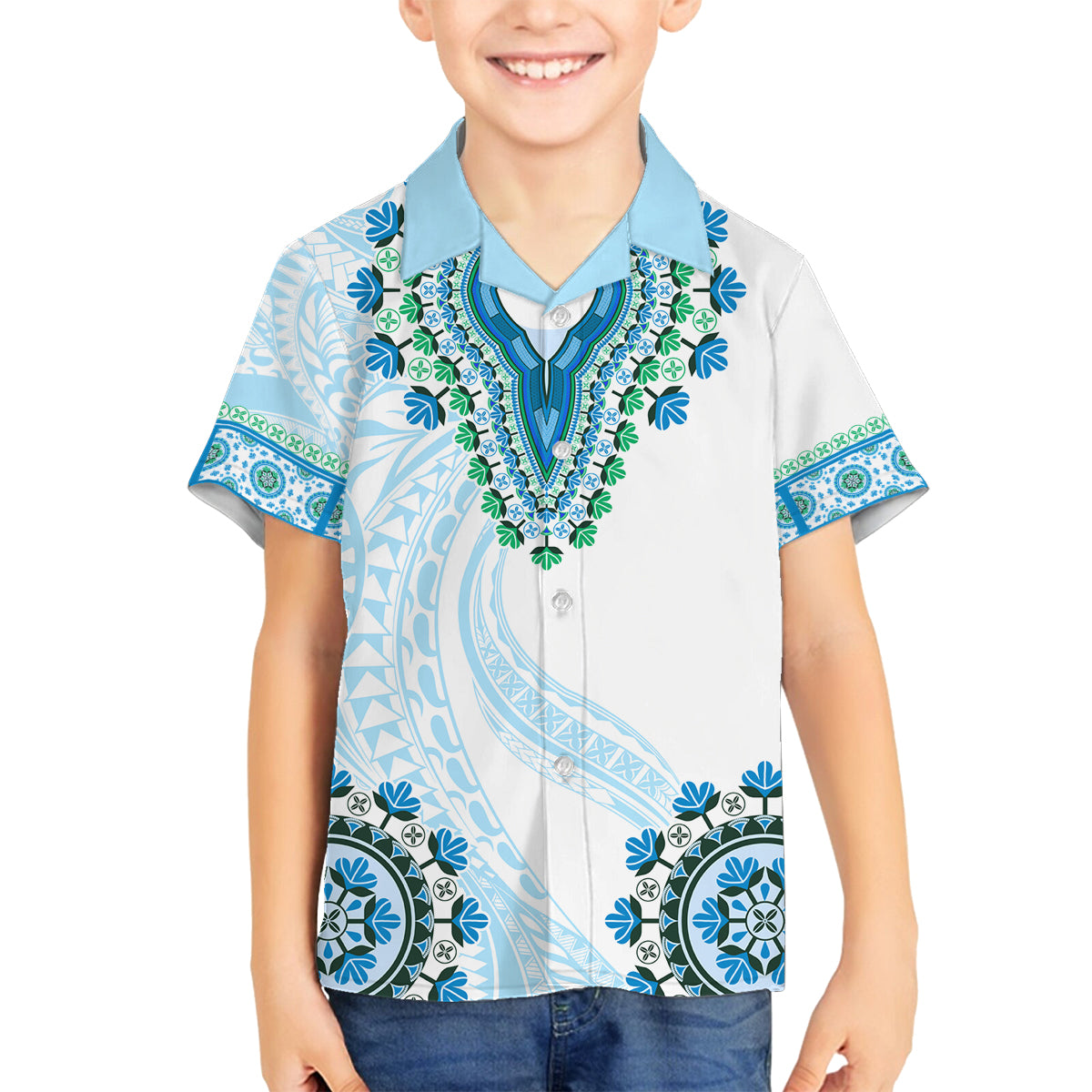 Africa Dashiki Family Matching Off Shoulder Long Sleeve Dress and Hawaiian Shirt With Polynesian Pattern Blue Version LT05 Son's Shirt Blue - Polynesian Pride