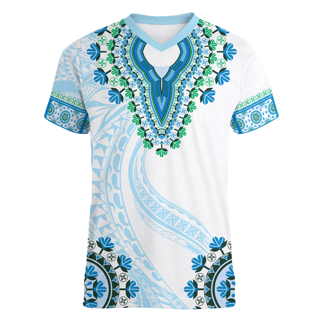 Africa Dashiki Women V Neck T Shirt With Polynesian Pattern Blue Version LT05 Female Blue - Polynesian Pride