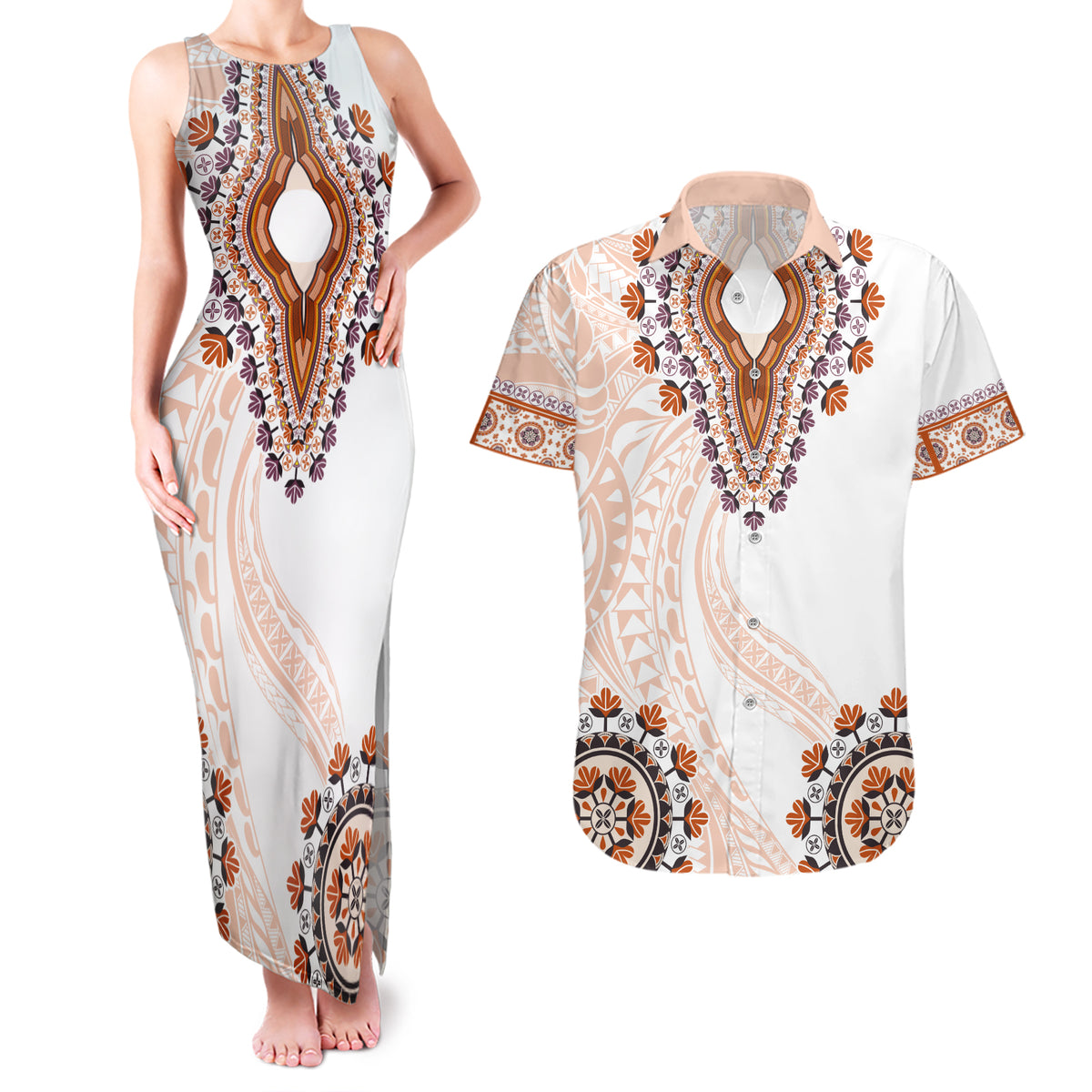Africa Dashiki Couples Matching Tank Maxi Dress and Hawaiian Shirt With Polynesian Pattern Beige Version LT05 Beige - Polynesian Pride