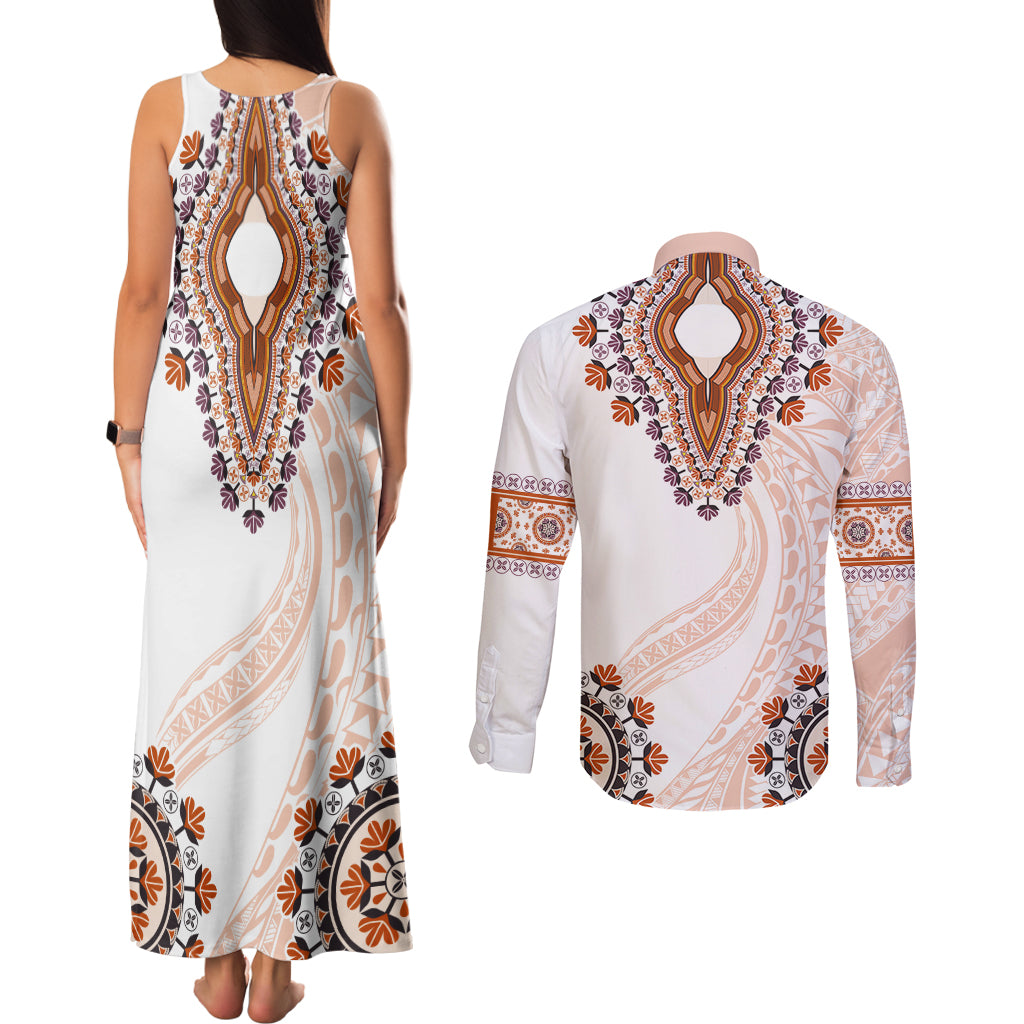 Africa Dashiki Couples Matching Tank Maxi Dress and Long Sleeve Button Shirt With Polynesian Pattern Beige Version LT05 - Polynesian Pride