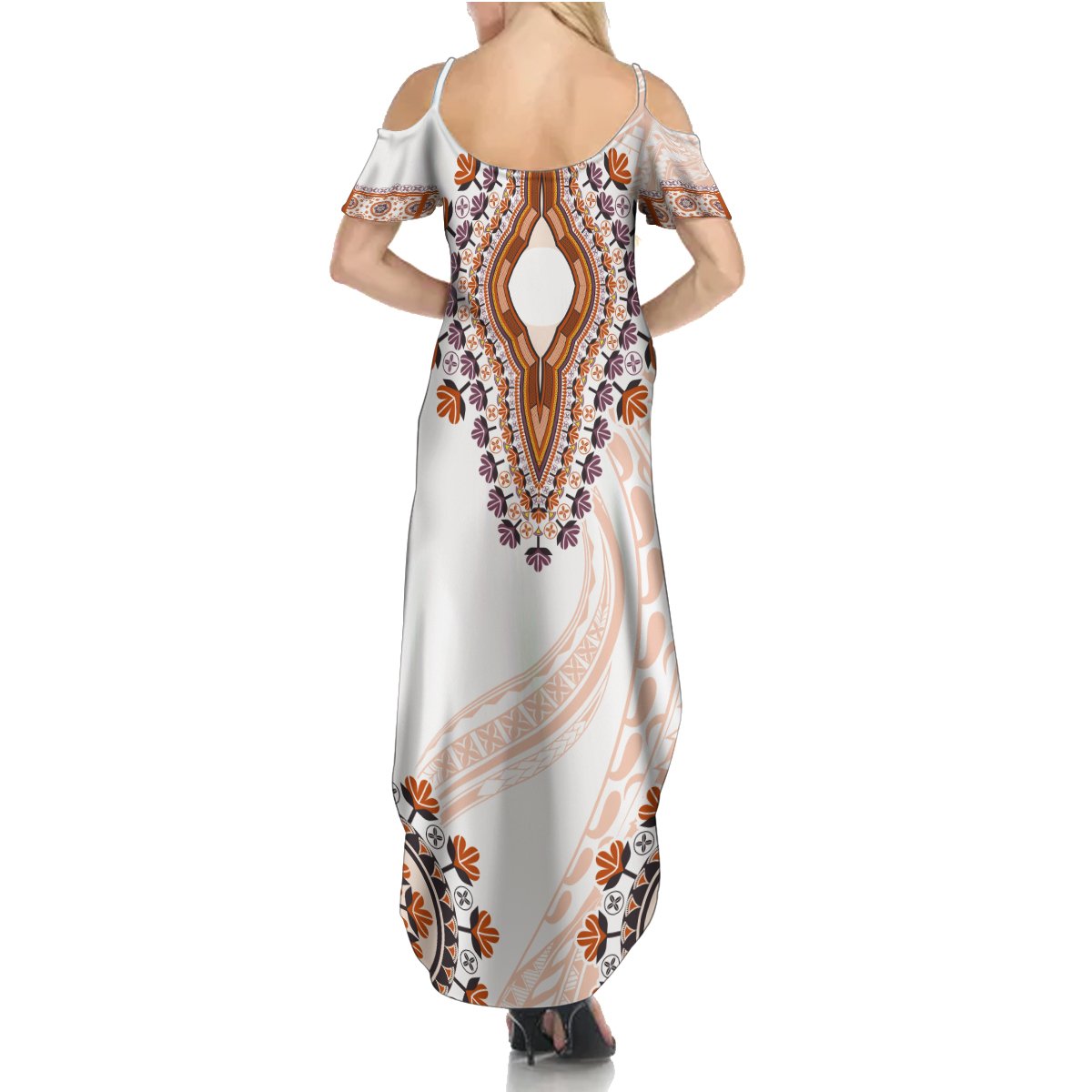Africa Dashiki Summer Maxi Dress With Polynesian Pattern Beige Version LT05 - Polynesian Pride