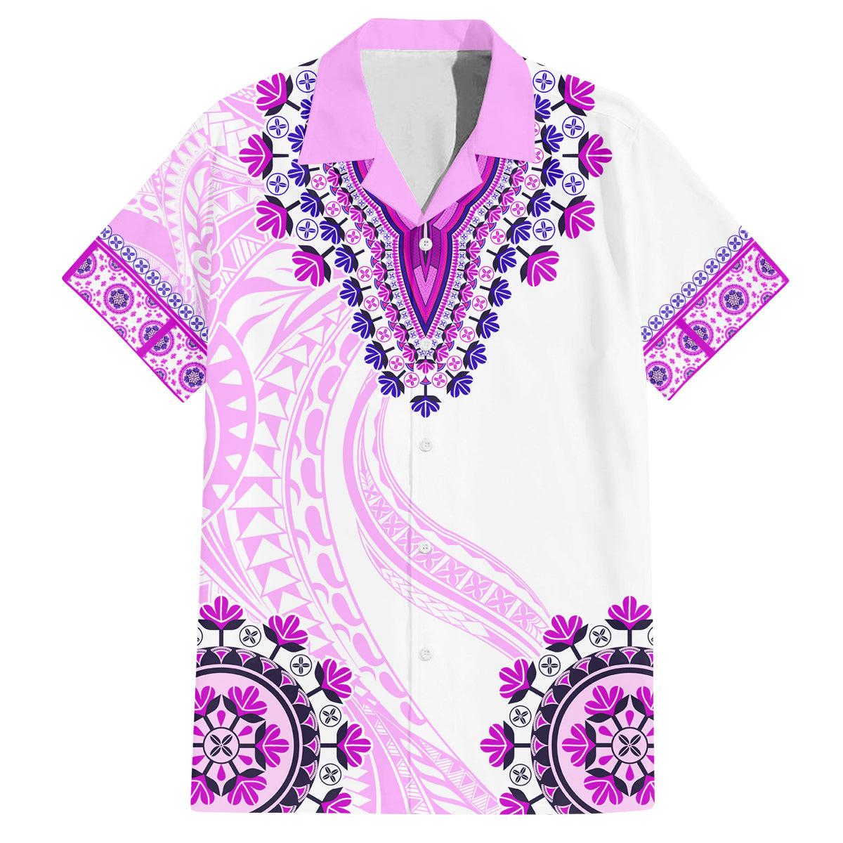 Africa Dashiki Family Matching Off Shoulder Maxi Dress and Hawaiian Shirt With Polynesian Pattern Pink Version LT05 Dad's Shirt - Short Sleeve Pink - Polynesian Pride