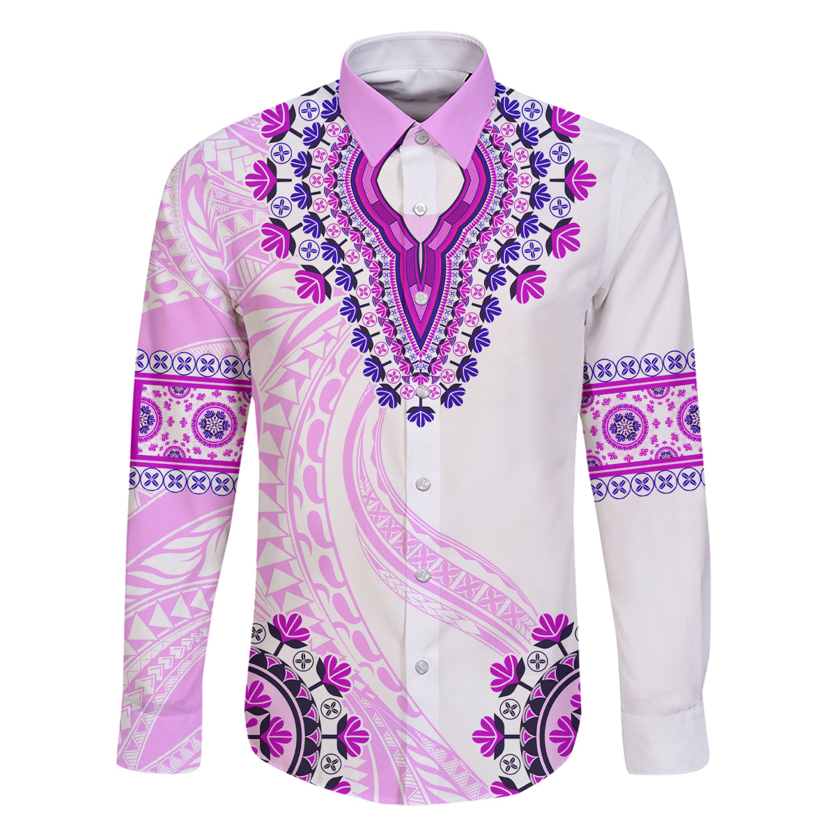 Africa Dashiki Family Matching Tank Maxi Dress and Hawaiian Shirt With Polynesian Pattern Pink Version LT05 Dad's Shirt - Long Sleeve Pink - Polynesian Pride