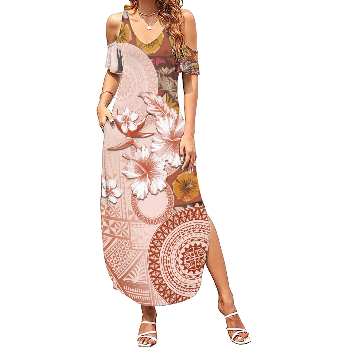Tonga Ngatu Pattern With Light Tabasco Hibiscus Family Matching Summer Maxi Dress and Hawaiian Shirt Oil Painting Style LT05 Mom's Dress Light Tabasco - Polynesian Pride