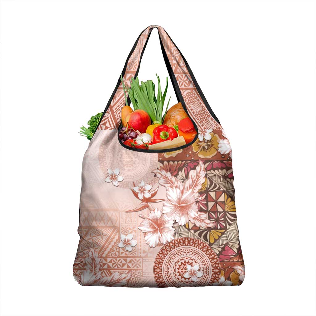 Tonga Ngatu Pattern With Light Tabasco Hibiscus Grocery Bag Oil Painting Style