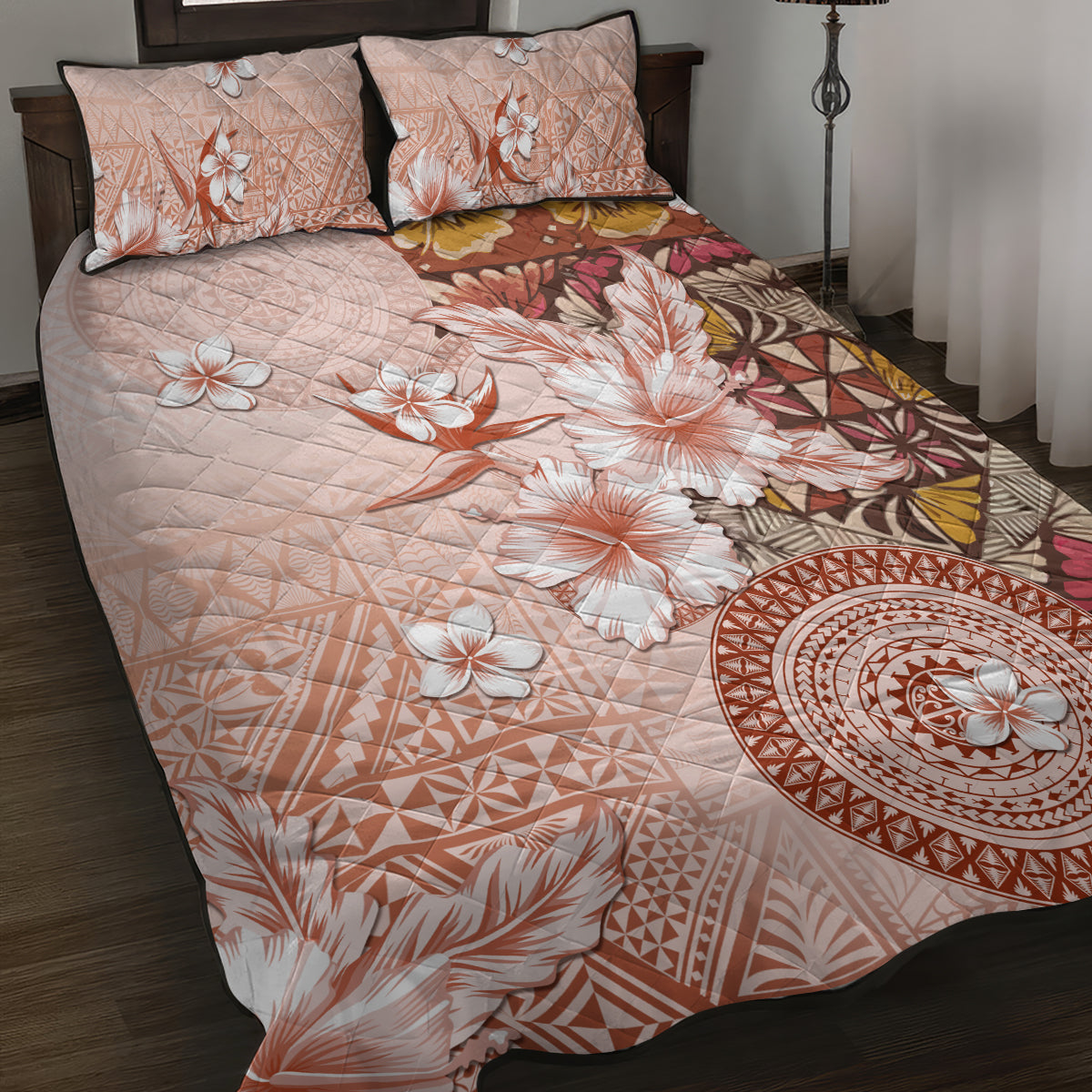 Tonga Ngatu Pattern With Light Tabasco Hibiscus Quilt Bed Set Oil Painting Style LT05 Light Tabasco - Polynesian Pride