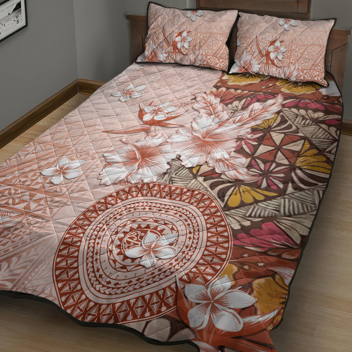 Tonga Ngatu Pattern With Light Tabasco Hibiscus Quilt Bed Set Oil Painting Style LT05 - Polynesian Pride