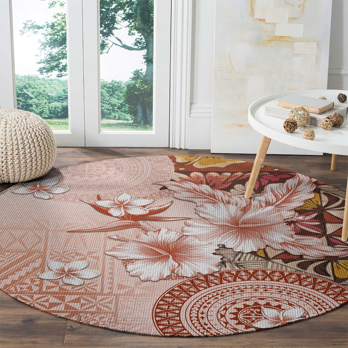 Tonga Ngatu Pattern With Light Tabasco Hibiscus Round Carpet Oil Painting Style
