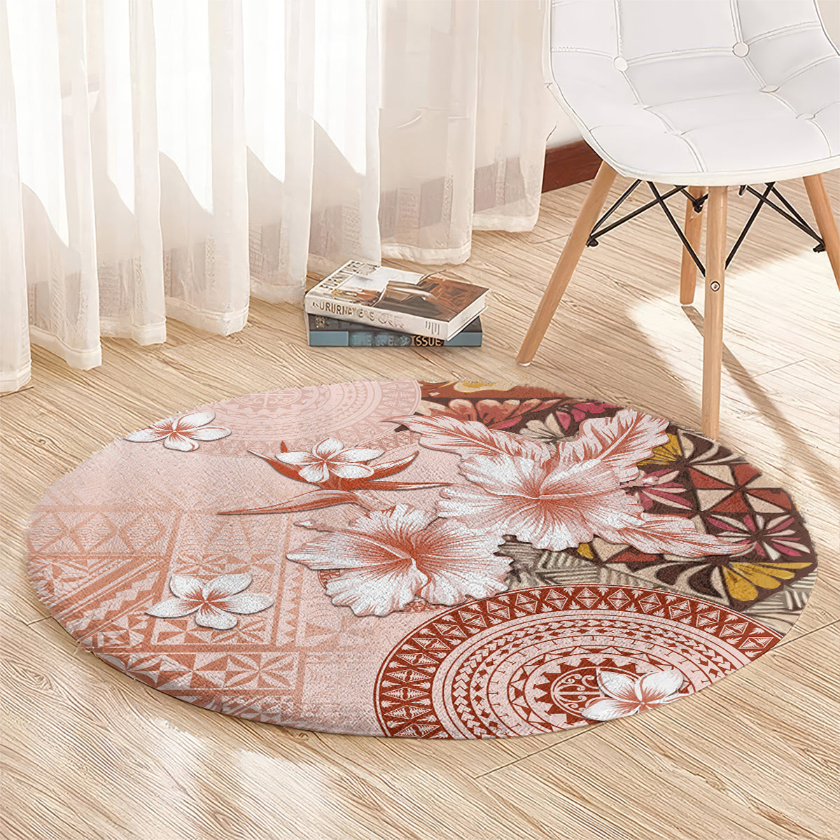 Tonga Ngatu Pattern With Light Tabasco Hibiscus Round Carpet Oil Painting Style