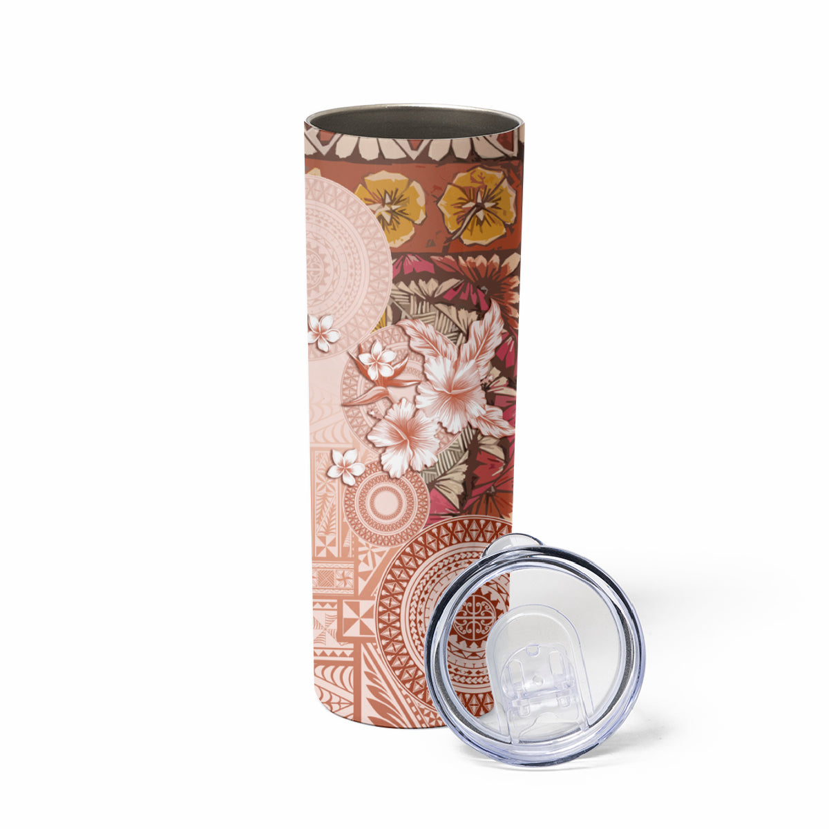 Tonga Ngatu Pattern With Light Tabasco Hibiscus Skinny Tumbler Oil Painting Style