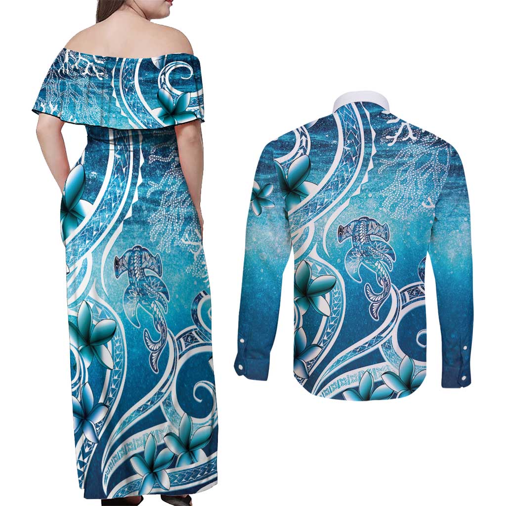 Polynesia World Ocean Day Couples Matching Off Shoulder Maxi Dress and Long Sleeve Button Shirt Ocean Style