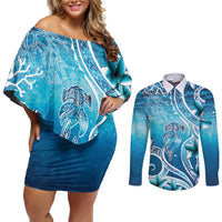 Polynesia World Ocean Day Couples Matching Off Shoulder Short Dress and Long Sleeve Button Shirt Ocean Style
