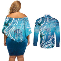 Polynesia World Ocean Day Couples Matching Off Shoulder Short Dress and Long Sleeve Button Shirt Ocean Style