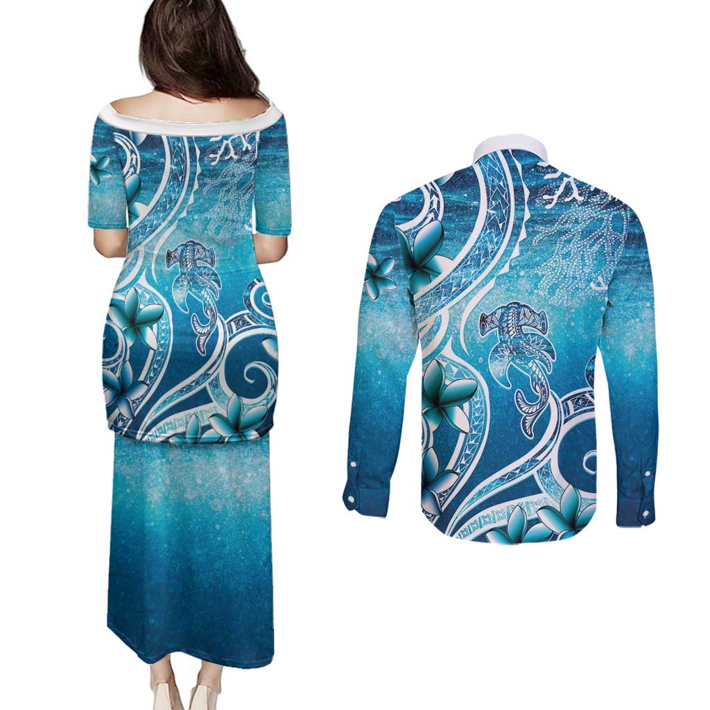 Polynesia World Ocean Day Couples Matching Puletasi and Long Sleeve Button Shirt Ocean Style