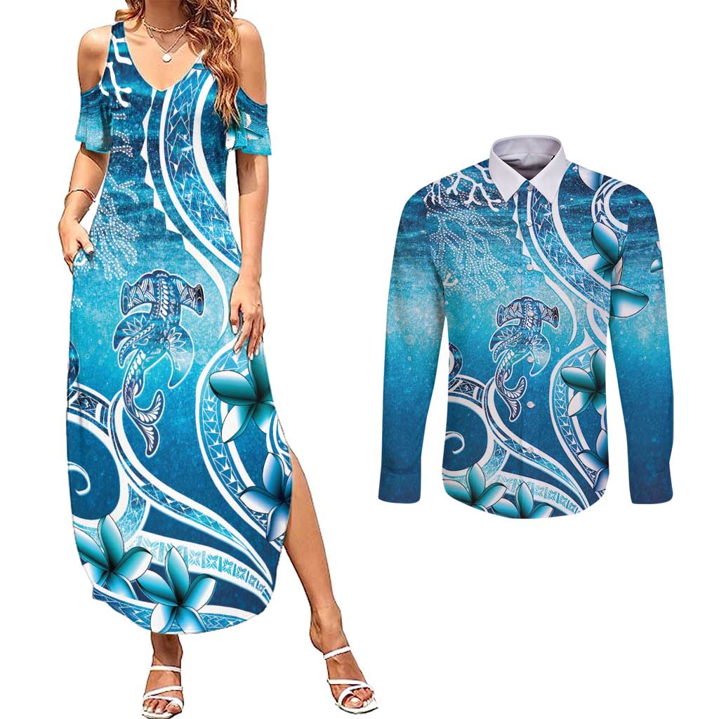 Polynesia World Ocean Day Couples Matching Summer Maxi Dress and Long Sleeve Button Shirt Ocean Style