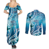 Polynesia World Ocean Day Couples Matching Summer Maxi Dress and Long Sleeve Button Shirt Ocean Style