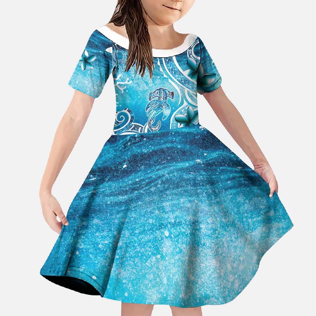 Polynesia World Ocean Day Family Matching Off Shoulder Maxi Dress and Hawaiian Shirt Ocean Style LT05 Daughter's Dress Blue - Polynesian Pride