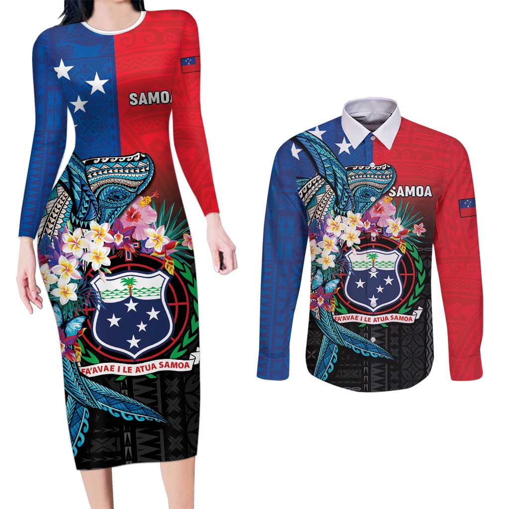Samoa Couples Matching Long Sleeve Bodycon Dress and Long Sleeve Button Shirt Humpback Whale Siapo Pattern