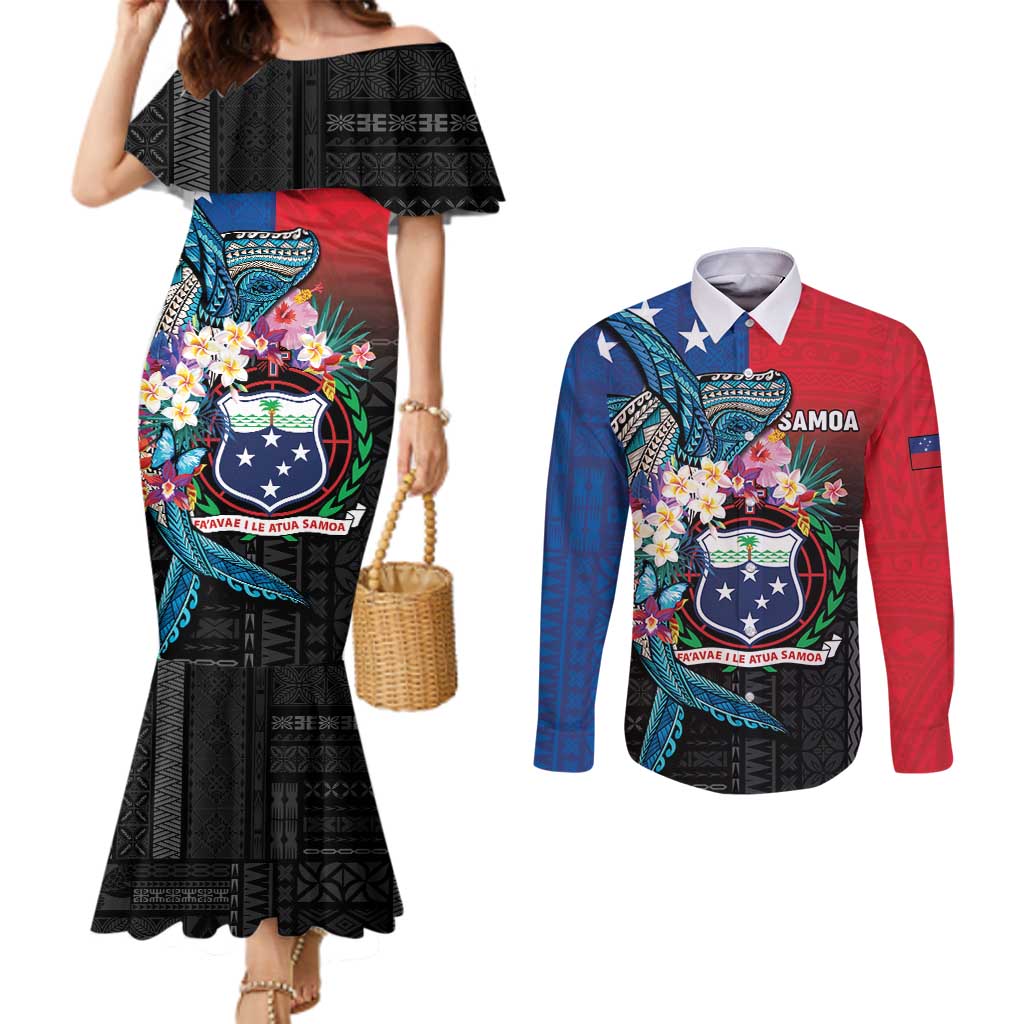 Samoa Couples Matching Mermaid Dress and Long Sleeve Button Shirt Humpback Whale Siapo Pattern