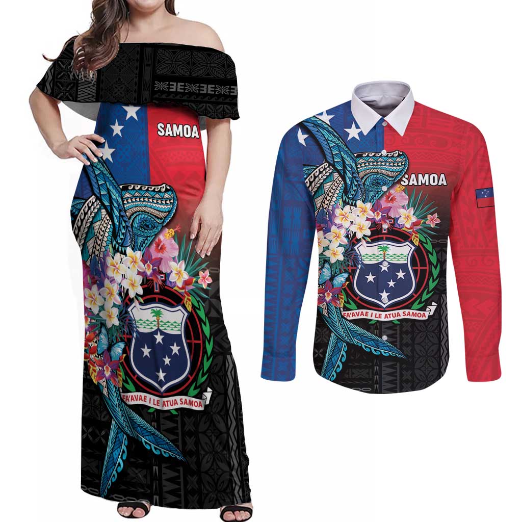 Samoa Couples Matching Off Shoulder Maxi Dress and Long Sleeve Button Shirt Humpback Whale Siapo Pattern